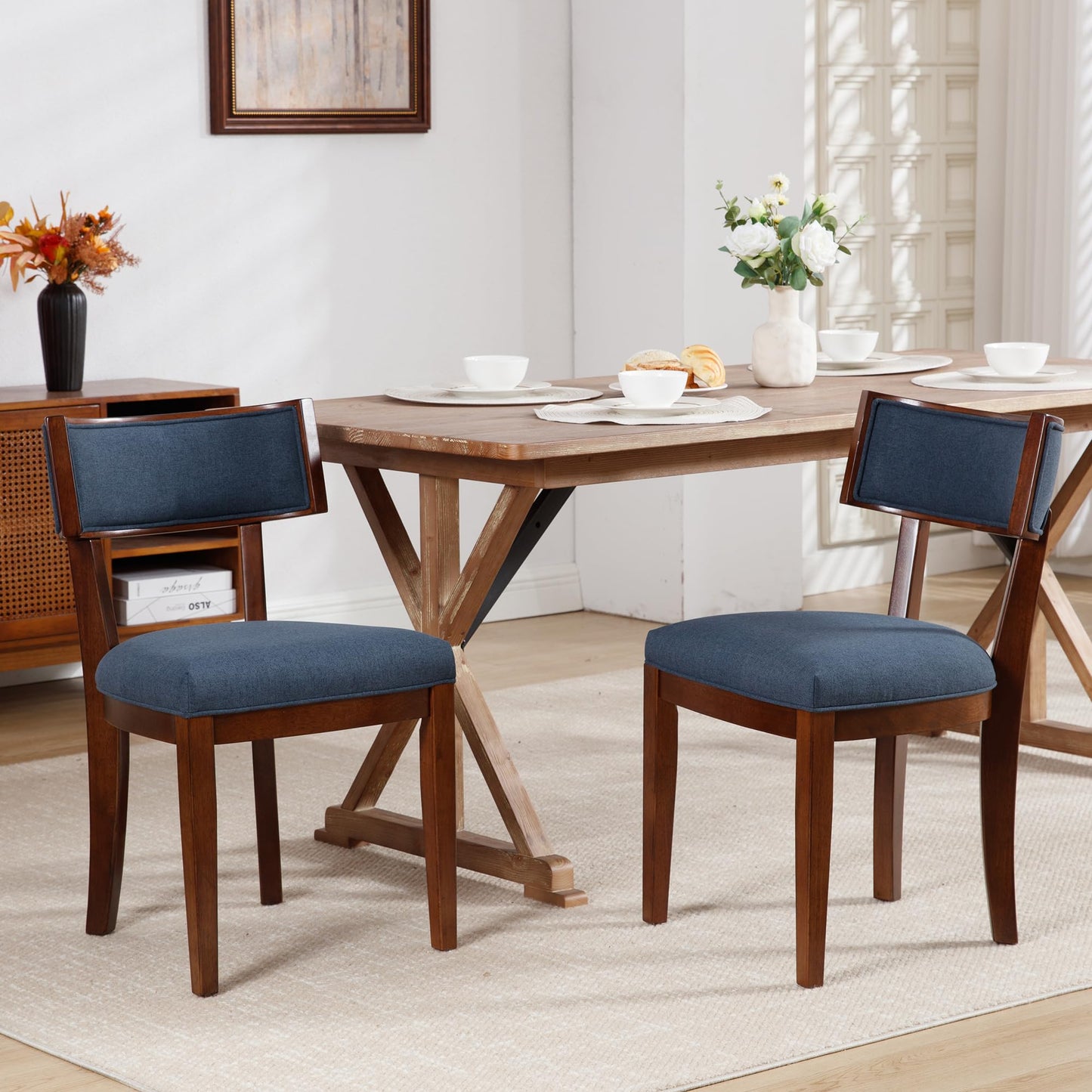 LZAREAL Mid Century Modern Dining Chairs Set of 2 Farmhouse Dining Room Chairs with Curved Backrest Dining Chair with Walnut-Colored Wood Legs for Kitchen Dining Room Home, Linen Fabric, Blue