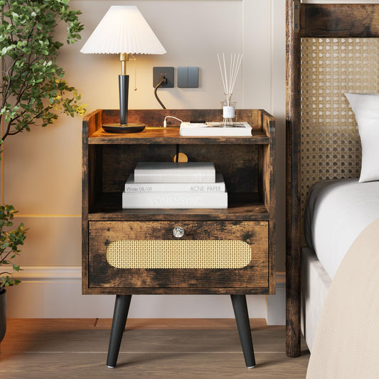 AGDULL End Table with Diamond Handle, Nightstand/Bedside Table with Charging Station, Rustic Brown