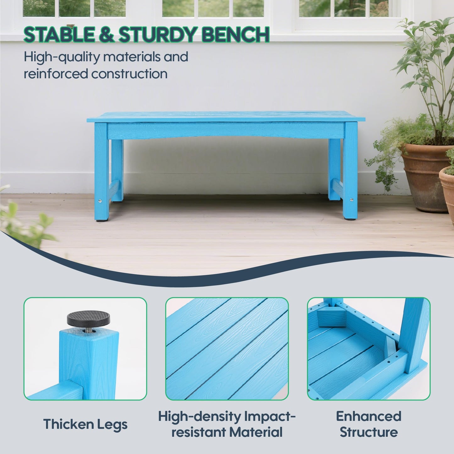 Sunnibety Weatherproof HIPS Outdoor Bench, 2-Person Patio Dining Bench, All-Weather Poly Lumber Garden Bench, Never Rot or Fade, Park Bench with Wood Grains for Porch, Garden, Deck, Entryway, Blue