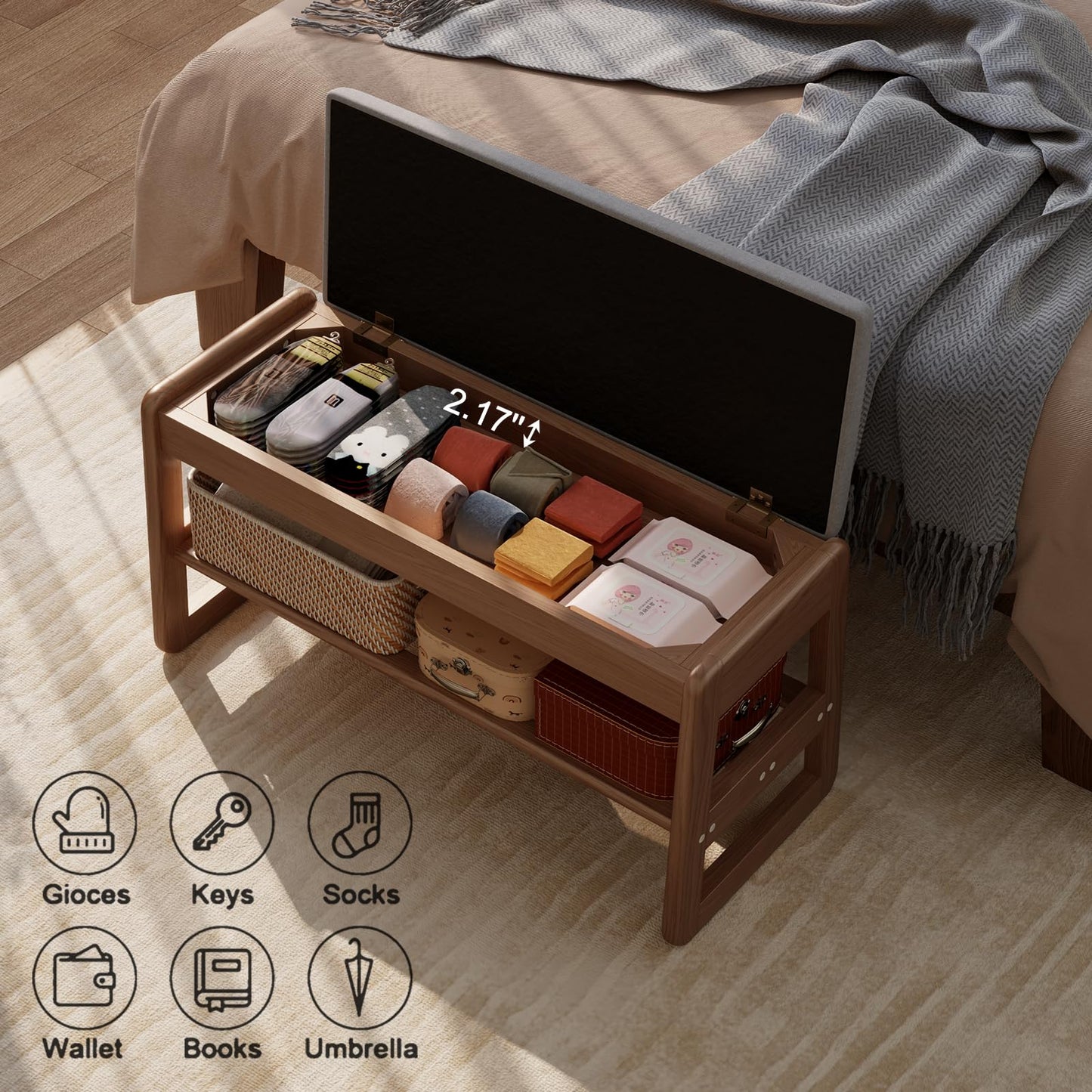 AQIMUELE Shoe Rack Bench with Cushion,2 Tiers Shoe Bench with Flip-Top Storage,Wood Shoe Rack for Entryway,Hallway（Walnut,31.5"）
