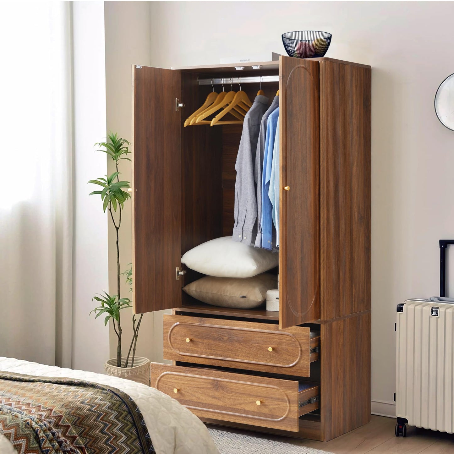 ORRD Fluted Freestanding Armoire Wardrobe Closet with 2 Doors and 2 Storage Drawers, Large Capacity Wardrobe Cabinet, Wooden Closet for Bedroom, Living Room - Walnut