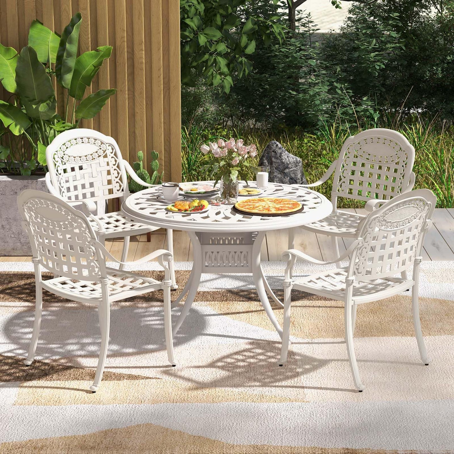 Tangkula Set of 4 Cast Aluminum Patio Dining Chairs, Stackable Outdoor Dining Chairs with Armrests, Outdoor Bistro Chairs for Balcony, Backyard, Garden