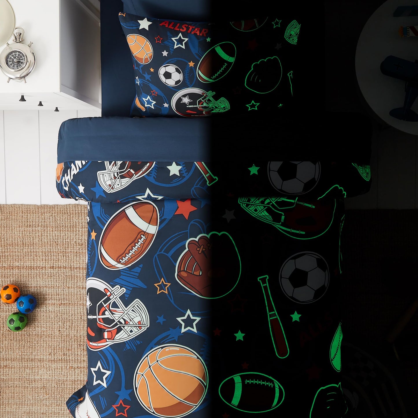 Kaleido Space Twin Kids Comforter Set - 5 Pieces Twin Bedding Sets for Boys Girls Teen, Glow in The Dark Sports Ball Games Bed in A Bag with Sheets