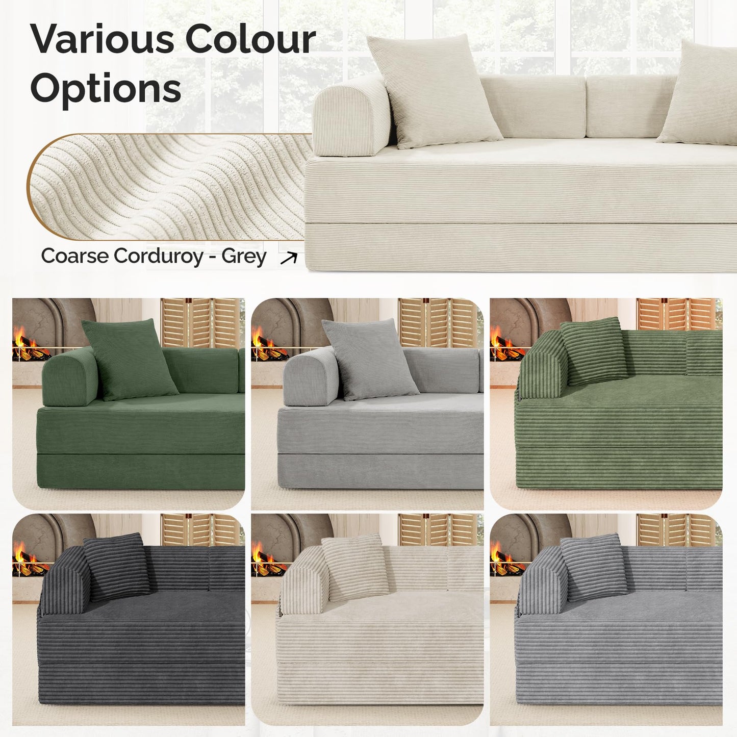 Convertible Corduroy Sleeper Sofa Bed with Cylindrical Pillows,Convertible Mattress Sofa with Fixed Shape Frame, Living Room Bedroom Lounge Studio Use Floor Sofa Lounge,Beige