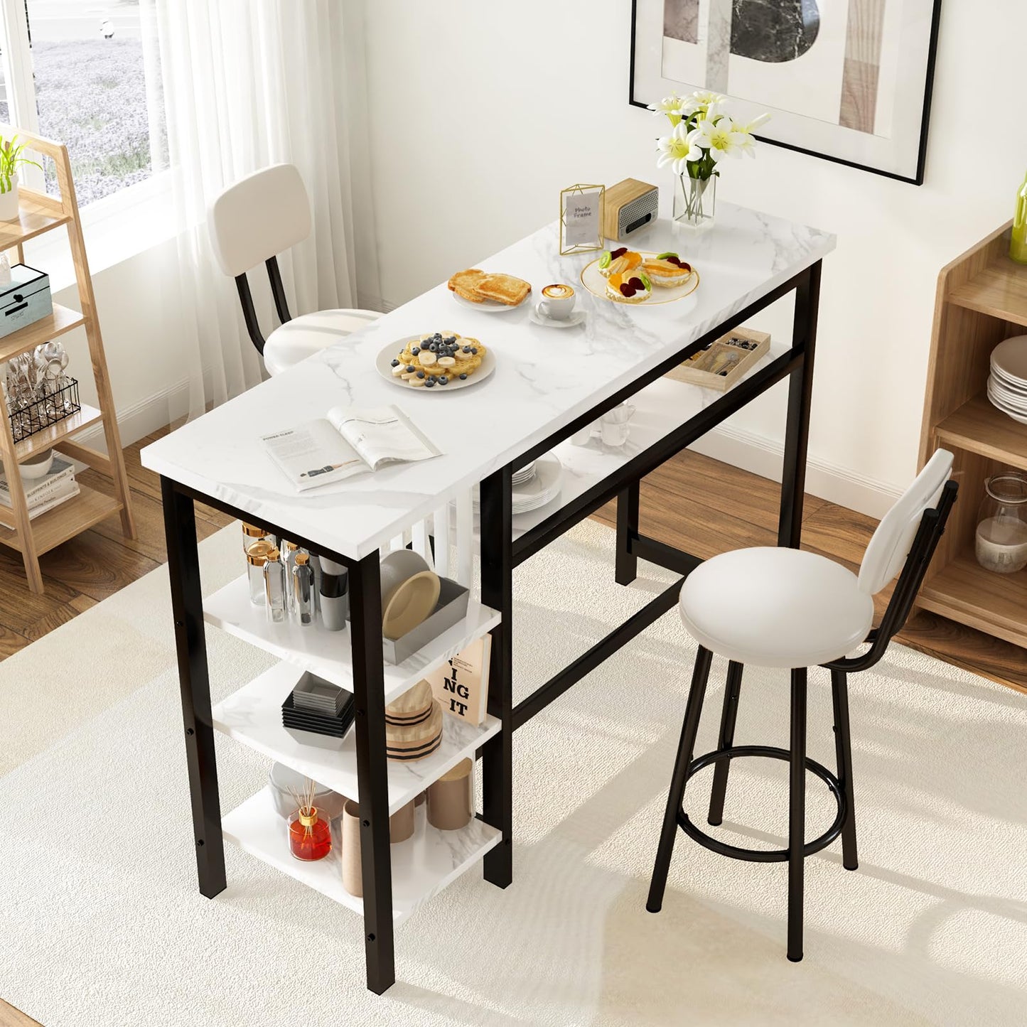 Lamerge Furniture Kitchen Bar Height Table and Chairs for 2, 5-Tier Compact Dining Room Table, White Faux Marble Top and 2 PU Leather Upholstered Seat Black Frame, Modern Dining Set for Home & Office