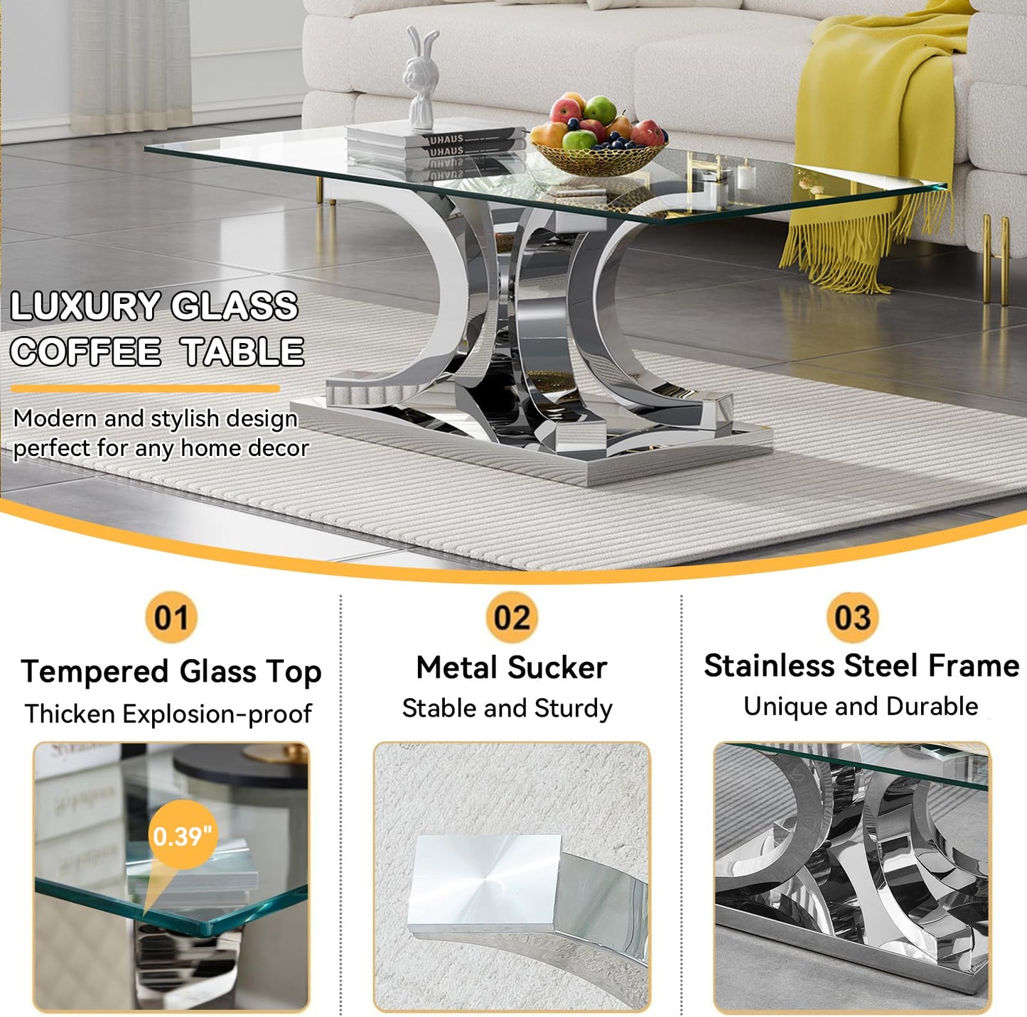 Modern Silver Glass Coffee Table Set of 3, Clear Glass Coffee Table and 2 End Side Table Set with Stainless Steel Frame, Luxury Silver 3 Piece Living Room Table Set for Home Office Apartment