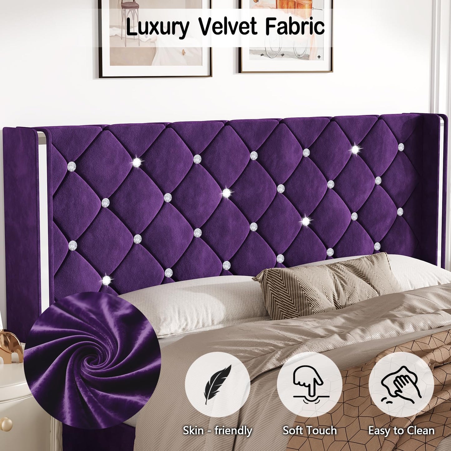 HOMBCK Queen Size Bed Frames with Headboard, Black Velvet Queen Bed Frame with Wingback, Upholstered Bed Frame with Diamond Headboard, Wood Slat Support, No Box Spring Needed, Easy Assembly,Purple