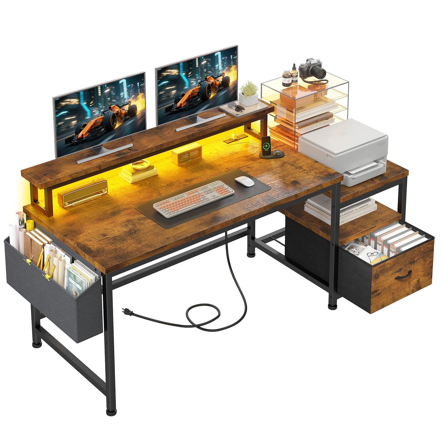 Computer Desk with Drawers and LED Lights,57" Gaming Desk with Power Outlets and Printer Space, Office Desk with File Drawers Cabinet,Study Table with Shelves Monitor Stand,Living Room,Rustic Brown