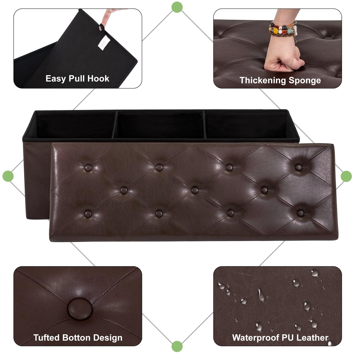 GLAXYFUR Storage Ottoman Bench, 43 Inches Folding Ottoman with 2 Dividers, PU Leather Foot Rest, End of Bed Bench, Storage Chest for Living Room, Bedroom and Entryway, Brown