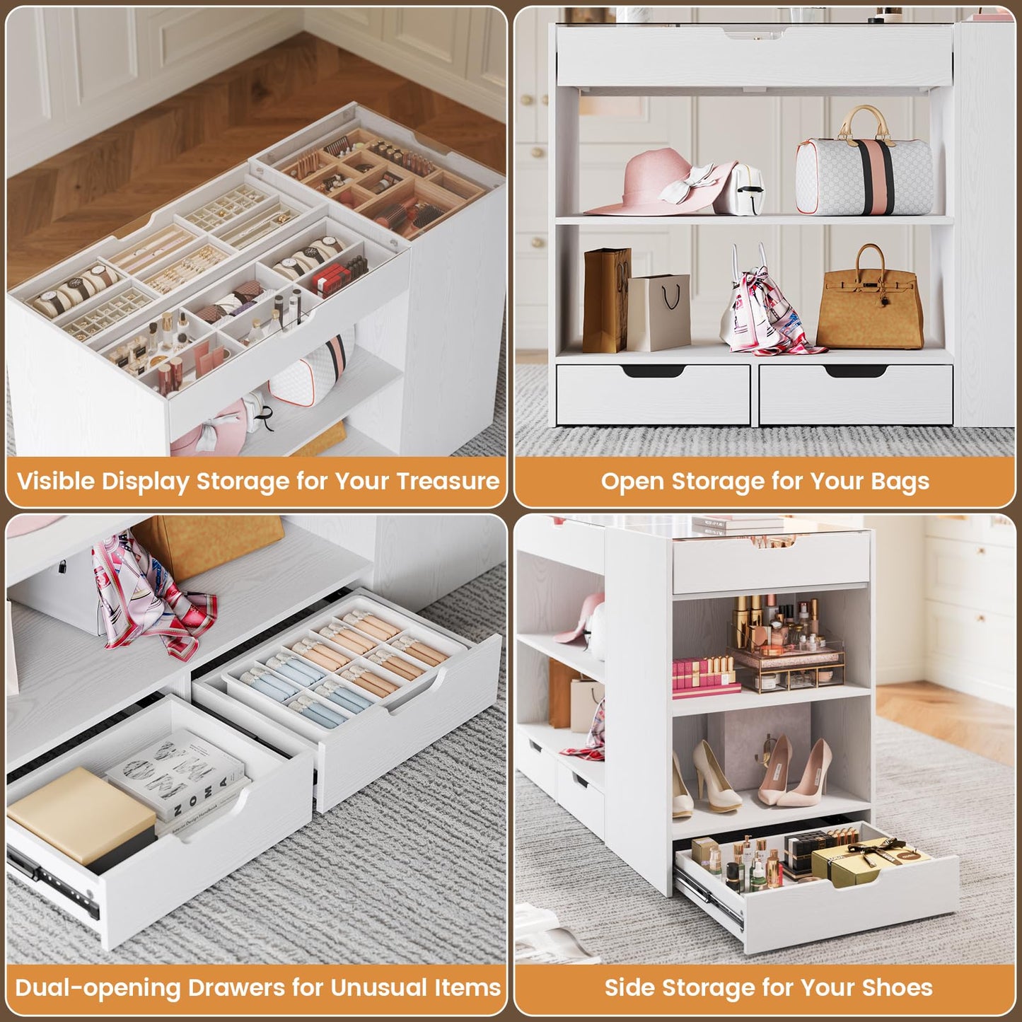 ANCTOR Closet Island, Bedroom Wardrobe Armoire with 8 Drawers and 2 Shelves, Dresser with Glass Top Display, Walk-in Closet Island Jewelry Dresser for Bedroom, Cloakroom, White