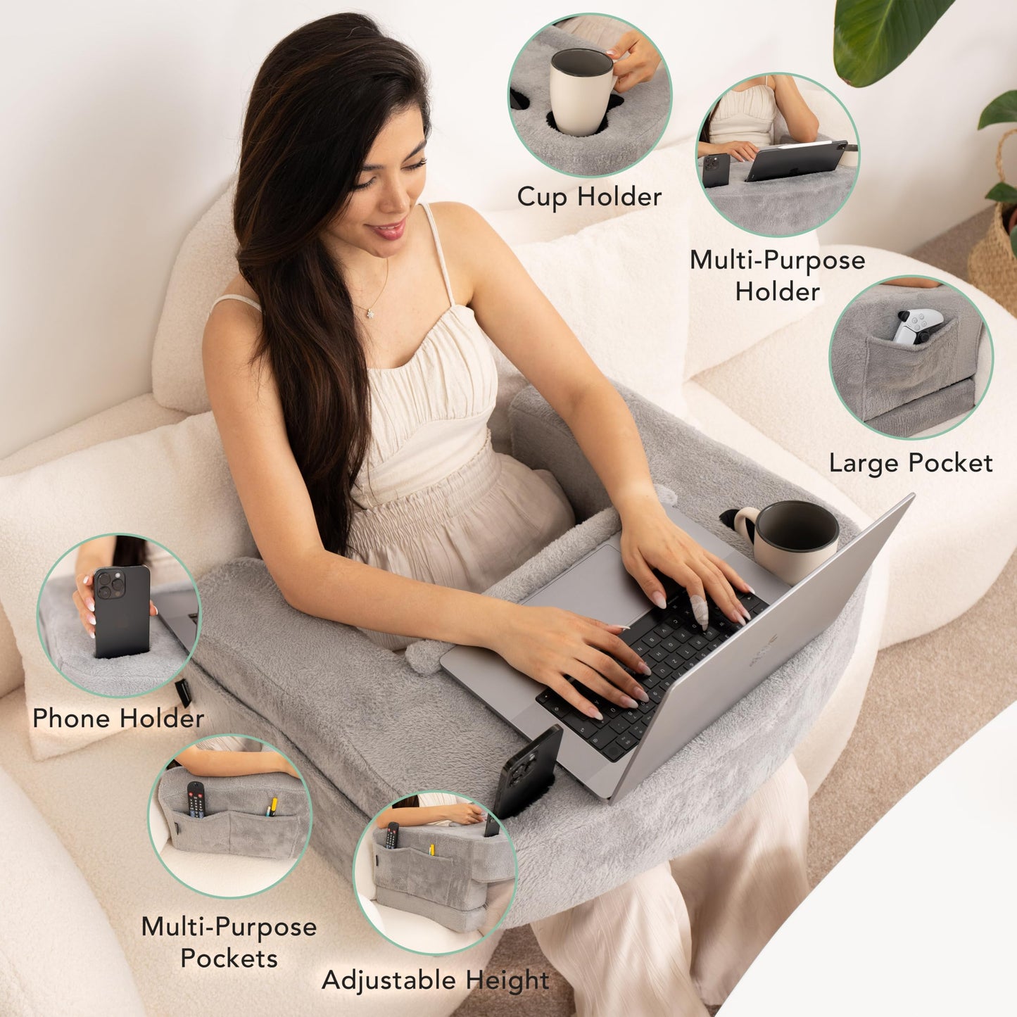 Reading Pillow for Gaming – Extra Large Lap Desk & Arm Rest with Cup & Phone Holder, Adjustable Heights, Laptop Support, Large Pockets – Comfortable for Work, Gaming & Crocheting (Furry Grey)