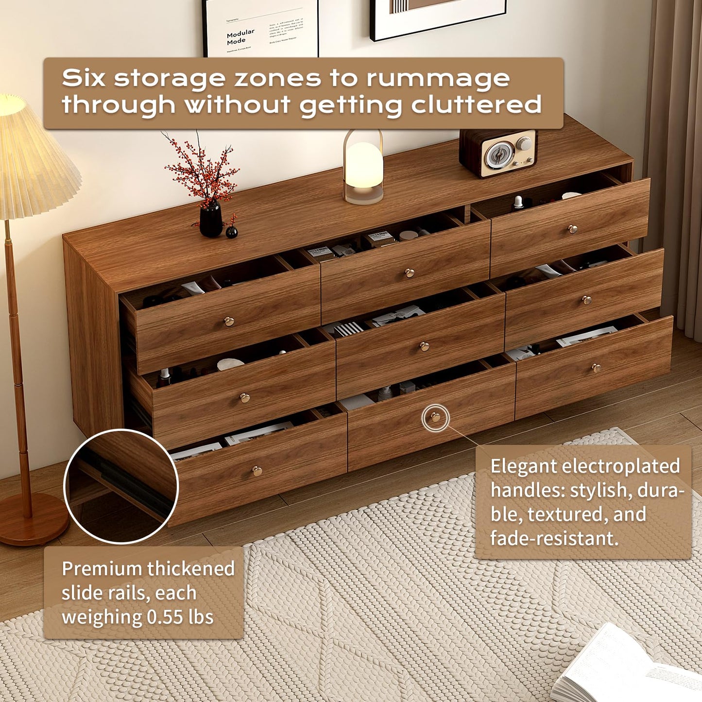Messenya Mid Century Modern 9-Drawer Dresser, 63 Inch Wide Solid Wood Frame Chest, Walnut Finish, Beveled Design, Heavy-Duty Drawer Glides, Storage Cabinet for Bedroom, Living Room, TV Stand