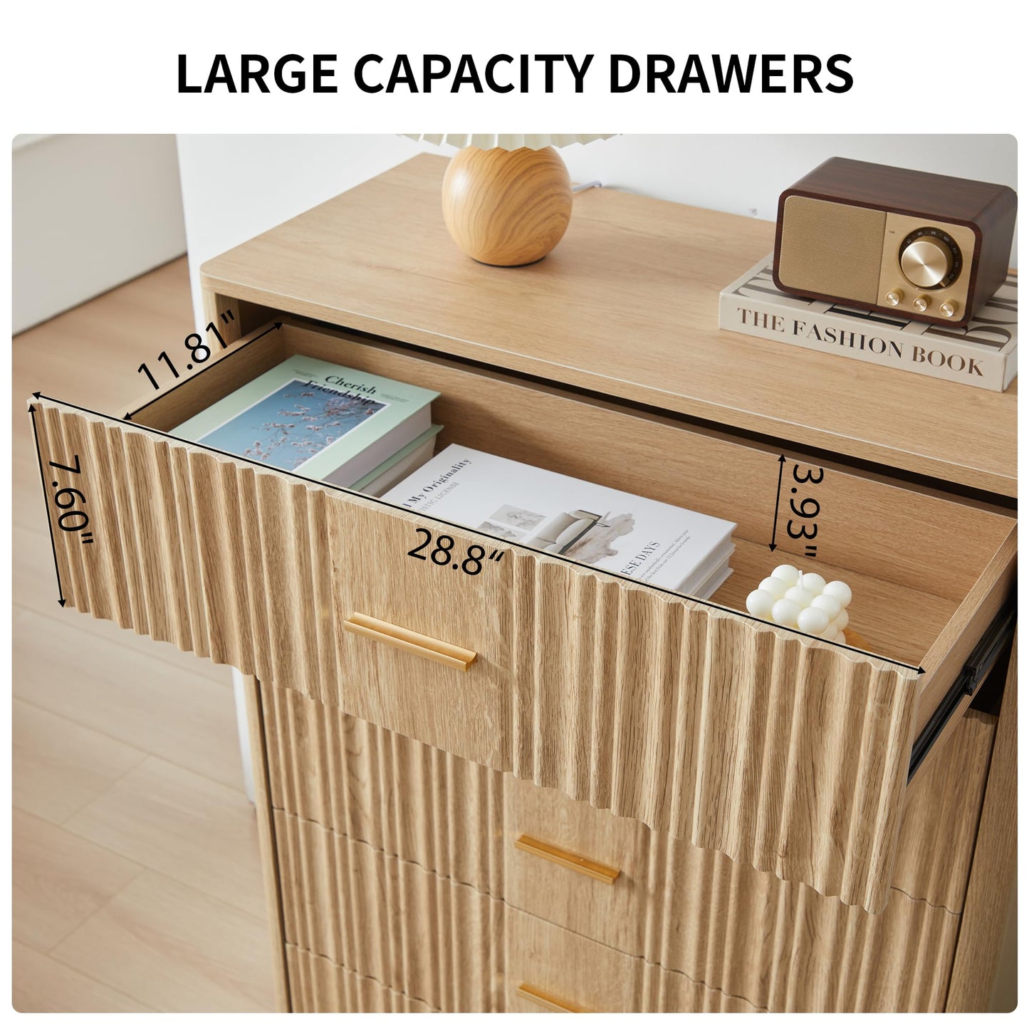 Fluted 5 Drawers Dresser for Bedroom, Wooden Tall Storage Dresser, Modern Chest of Drawers with Metal Handle, Curved Profile Wood Closet Clothes Storage Organizer for Living Room, Hallway, Natural