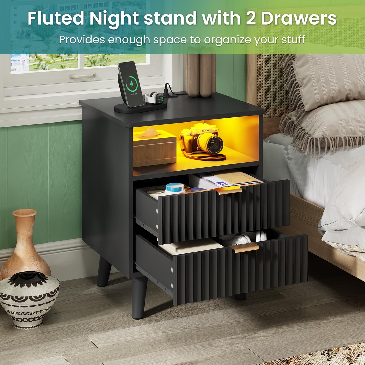 AOGLLATI Fluted Nightstand Set of 2 with Charging Station, Black LED Nightstand with 2 Drawers and Open Storage Cubby, Modern Bedside Table with LED Lights & Metal Handle for Bedroom