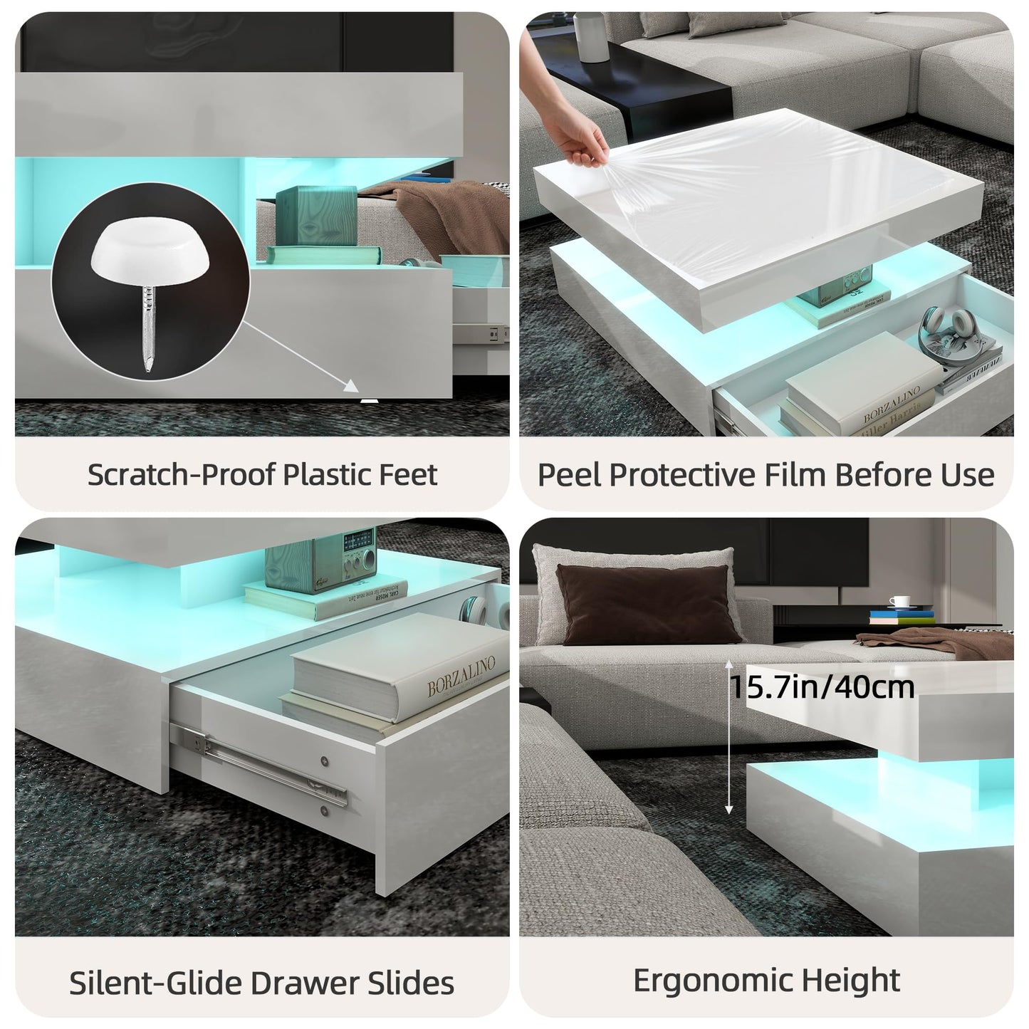 LED Coffee Table for Living Room, 2-Tier Modern Square Center Table with Music Sync Lights, High Gloss Surface, 30.75" x 30.75" (White)