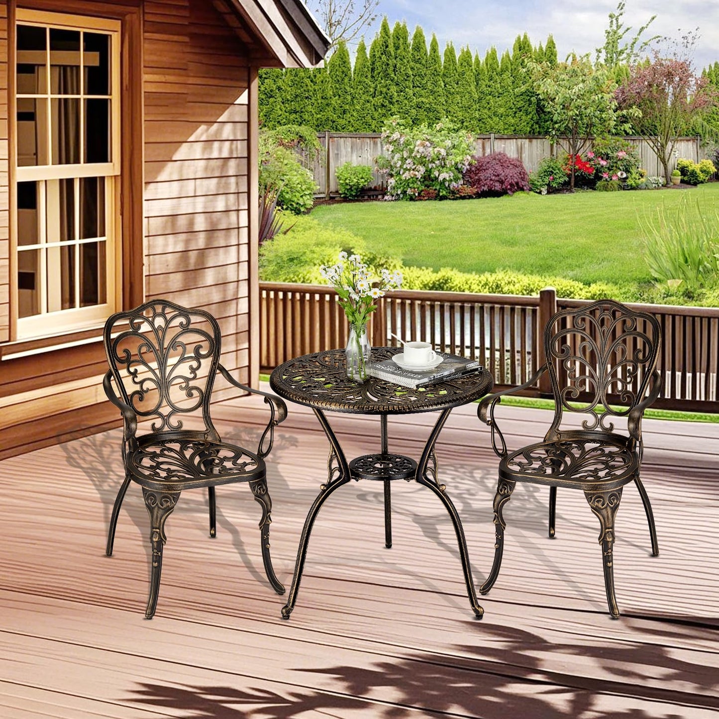 ELETHEBIA 3 Piece Bistro Set, Outdoor Bistro Table and Chairs Set of 2, Rust-Resistant Cast Aluminum All Weather Patio Outdoor Bistro Set with Umbrella Hole for Backyard, Balcony, Front Porch, Brown