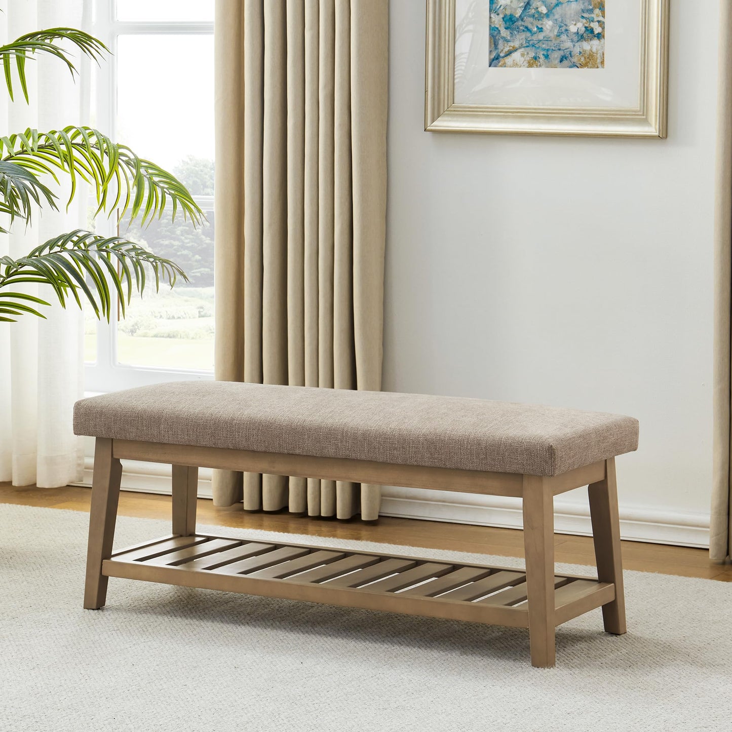 Zihanhome Entryway Shoe Bench with Cushion, End of Bed Bench,Upholstered Bench for Kitchen, Bench with Solid Wood Shelf, Fabric Ottoman Bench for Hallway, Living Room (Brown)