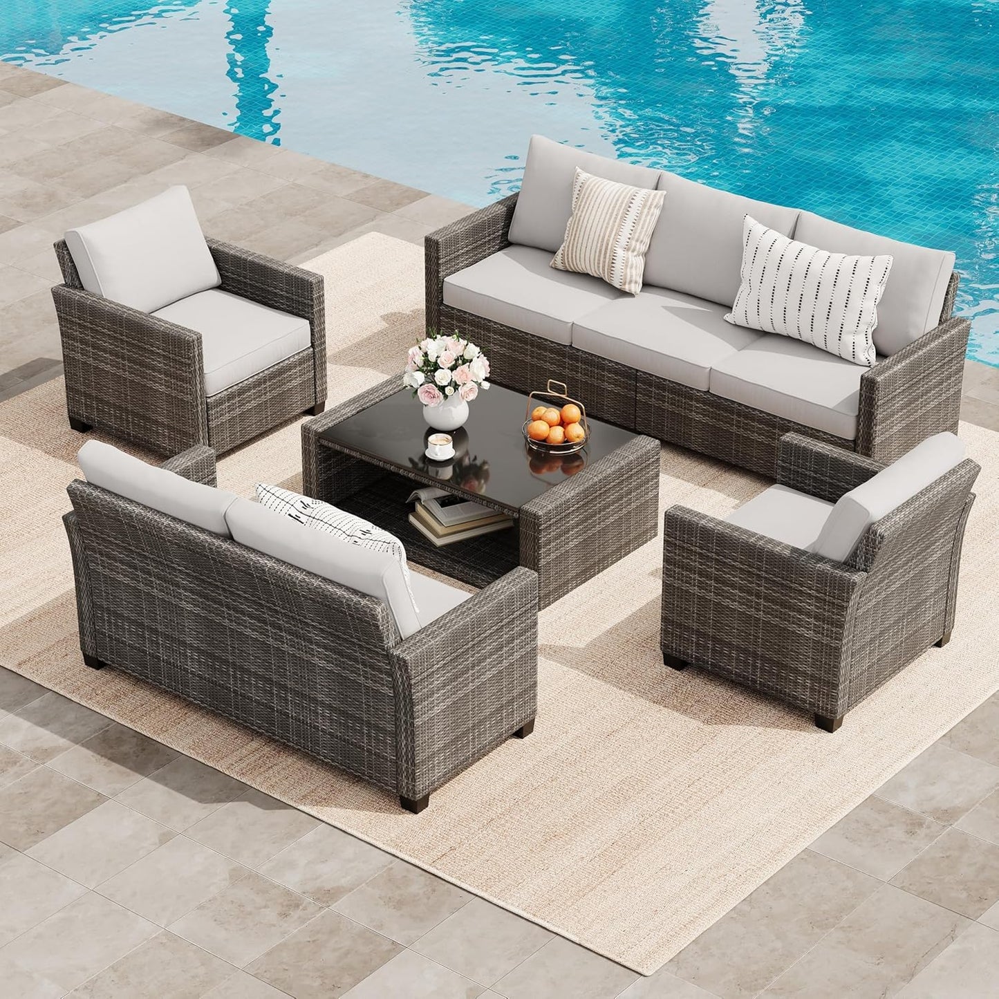 GAOMON 5 Piece Outdoor Patio Furniture Sets, Wicker Conversation Set for Porch Deck, Gray Rattan Sofa Chair with Blue Cushion, Brown