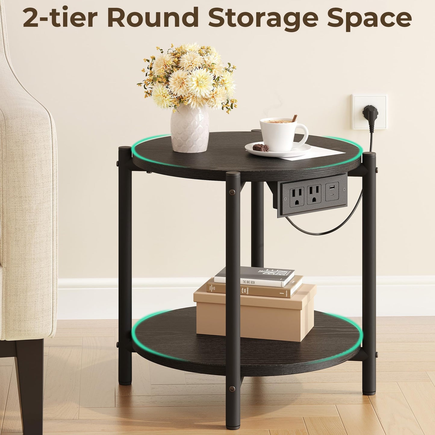 LIKIMIO Round Side Table with Charging Station, 2-Tier Wooden End Table with Lower Shelf, 15.8" W Modern Wooden Nightstand for Small Spaces, Living Room, Bedroom, Black