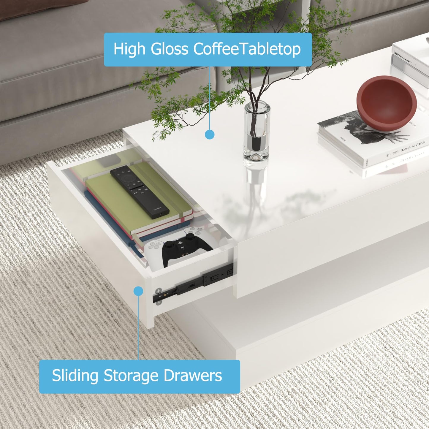 Uspeedy 47.3IN High Glossy LED Coffee Table,APP LED Lights,Black/White, Modern Furniture for Living Room (White)