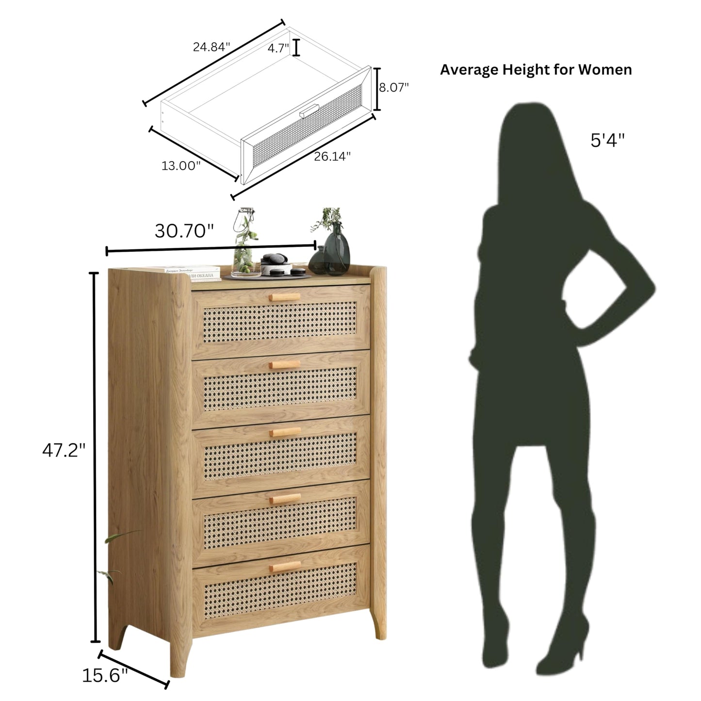 ELISA HOME Fake Rattan 5 Drawers Dresser for Bedroom, 47.2" Tall Modern Chest of Drawers, Wood Drawer Organizer for Clothes, Entryway, Hallway, Nursery or Living Room, Oak