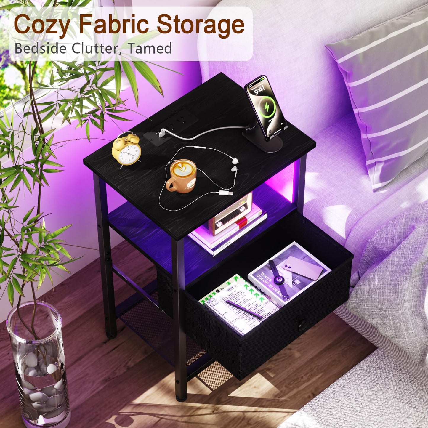 LOAKEKEL Night Stand, LED Nightstand with Charging Station, Small End Table with Fabric Drawer for Living Room, Bed Side Table with Storage Shelf for Bedroom, Black, HETS01BK-1