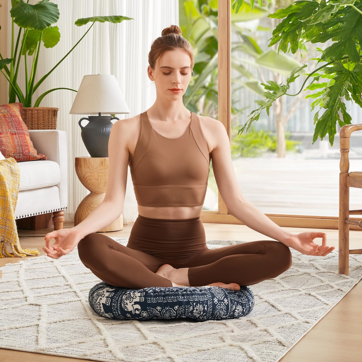 Codi Meditation Floor Pillow, Boho Pillows Seating for Adults and Kids, Large Round Cushion for Yoga Living Room Tatami Sitting, Memory Foam Added, 22x22 Inch, Indigo Elephant