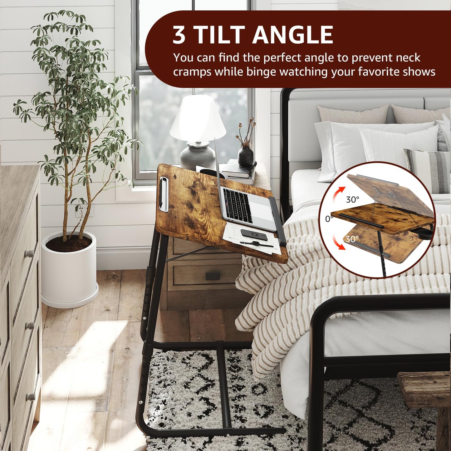 TV Trays Set of 2 - Folding TV Tray Adjustable Dinner Trays for Eating On Couch Wooden Tables Mate Stand Foldable Rustic Desk with Cup Holder Portable