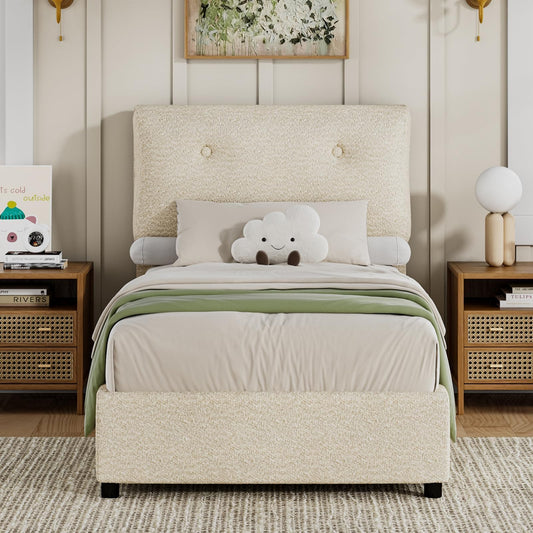 CHABUILDREARK Twin Bed Frames, Boucle Upholstered Platform Bed Frame with Soft Headboard, Wooden Slats Support, Low Profile Bed Frame, No Box Spring Needed, Easy Assembly, Cloud Bed Frames, Cream