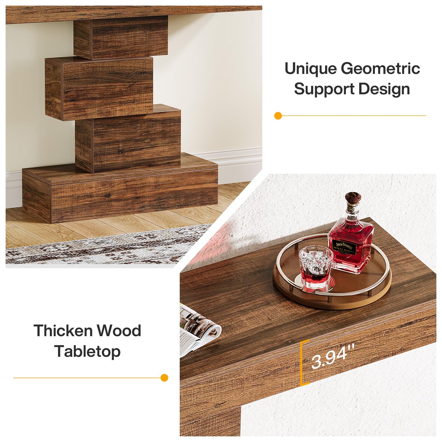 Tribesigns 42.5" Farmhouse Console Table, Narrow Wood Sofa Table Behind Couch with Geometric Base, Industrial Entryway Accent Table for Living Room, Hallway, Entrance (Rustic Brown)