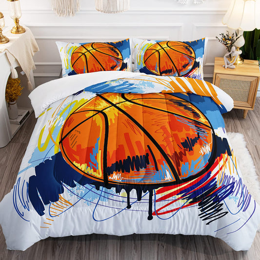 BSNTHO Basketball Comforter Set Boys Sports Bedding Set Twin Size for Kids Teens Hand Drawn Graffiti Style Comforter Design 3 Piece with 1 Comforter 2 Pillowcases