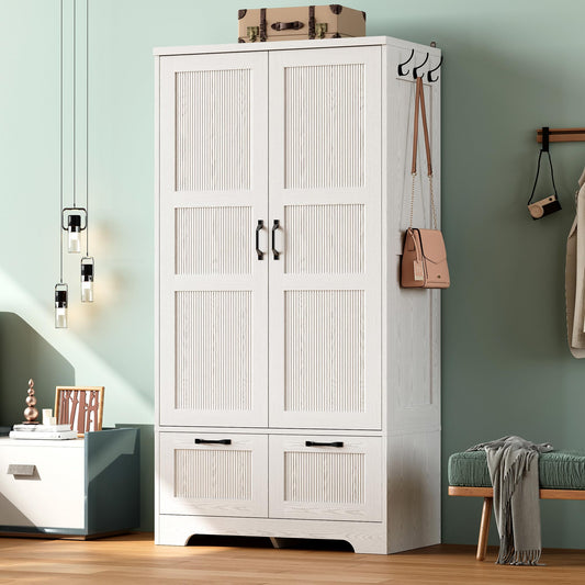 ANCTOR Armoire Wardrobe Closet, 71" H Wooden Clothing Storage Cabinet with 2 Doors and 2 Drawers, Bedroom Freestanding Wardrobe Combination with Hanging Rod and Adjustable Shelves, White