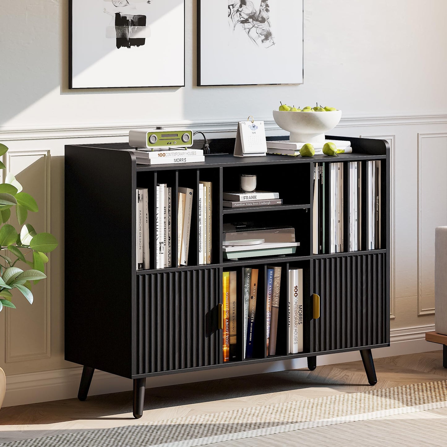 IRONCK Storage Shelf Bookcase, Bookshelf with Doors, Multifunctional Display Cabinet with Power Outlet, Suitable for Various Scenarios, Black