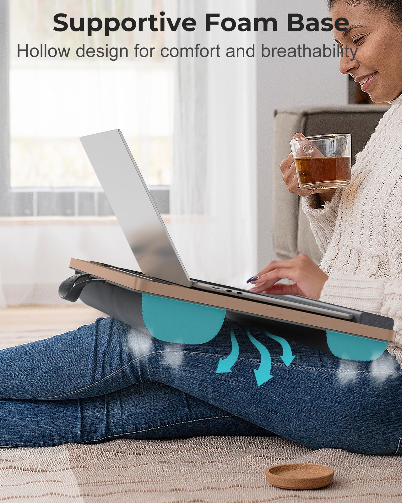 Potuopy Lap Desk - Up to 17” Laptop with Wrist Rest, Portable Handle, Fixed Mouse Pad, Tablet & Phone Slots, Laptop Stand for Bed with Cushion (Dark Brown Woodgrain)