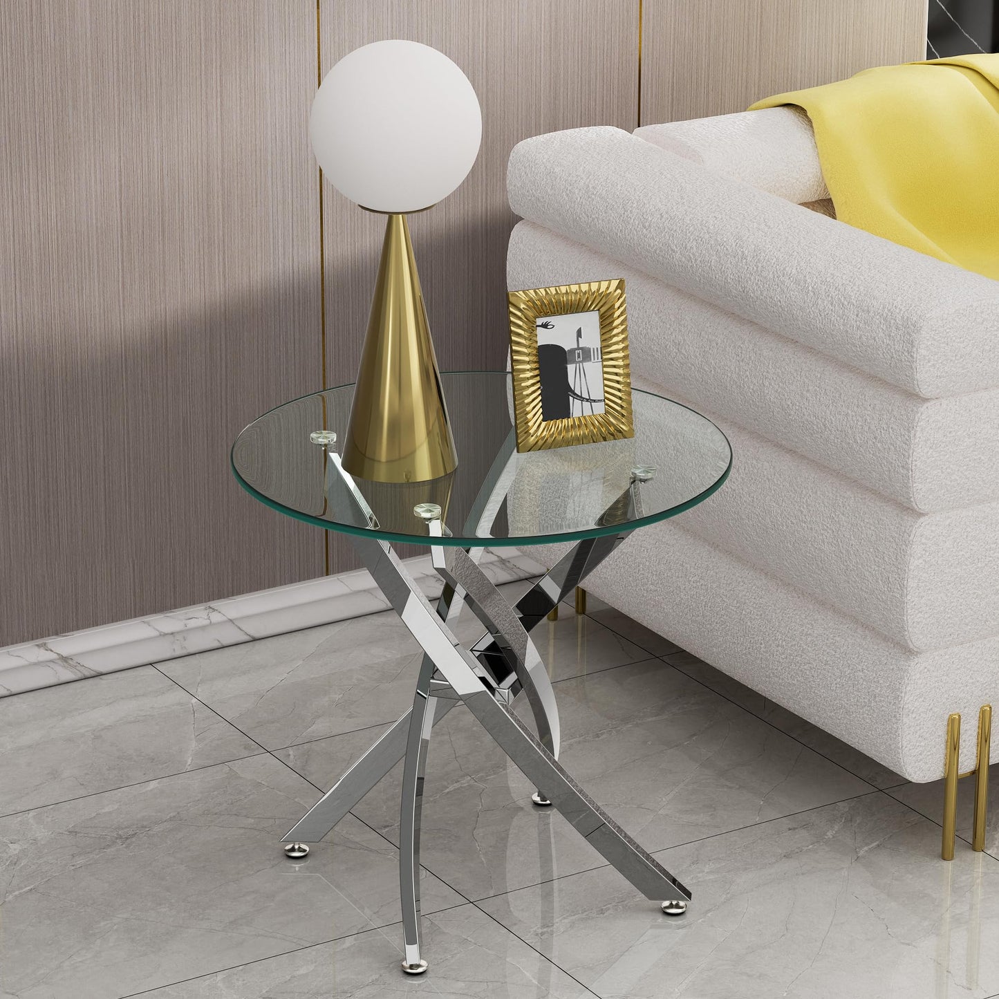 SSLine Modern Round Glass Coffee End Table Set of 2 Luxury Circle Cocktail Center Table with 1 End Table for Living Room Bedroom Office, Mirrored Stainless Steel Cross Base(Clear Silver2)