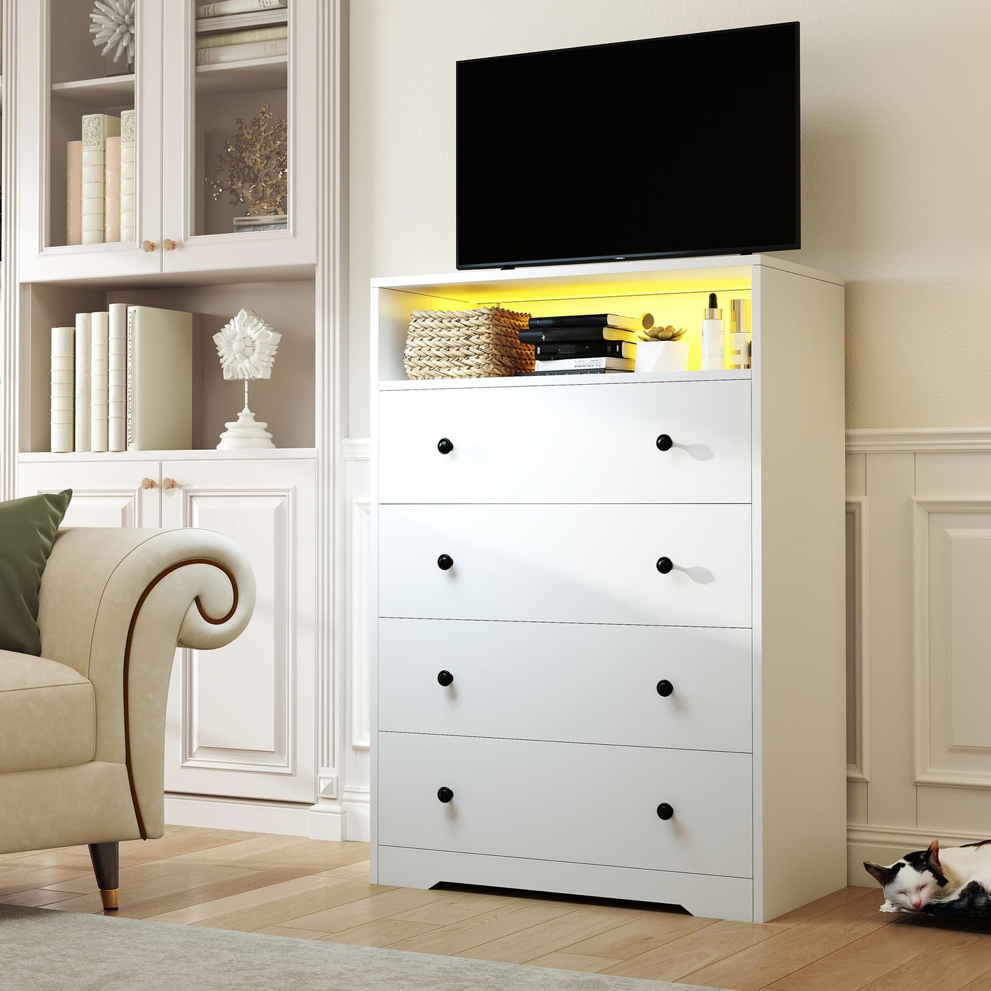 Homkdom White Dresser with LED Light, Tall Dresser with 4 Drawers & 1 Shelves, Chest of Drawers for Bedroom, Hallway, Entryway, 43.4" H x 27.6" W x15.8 D