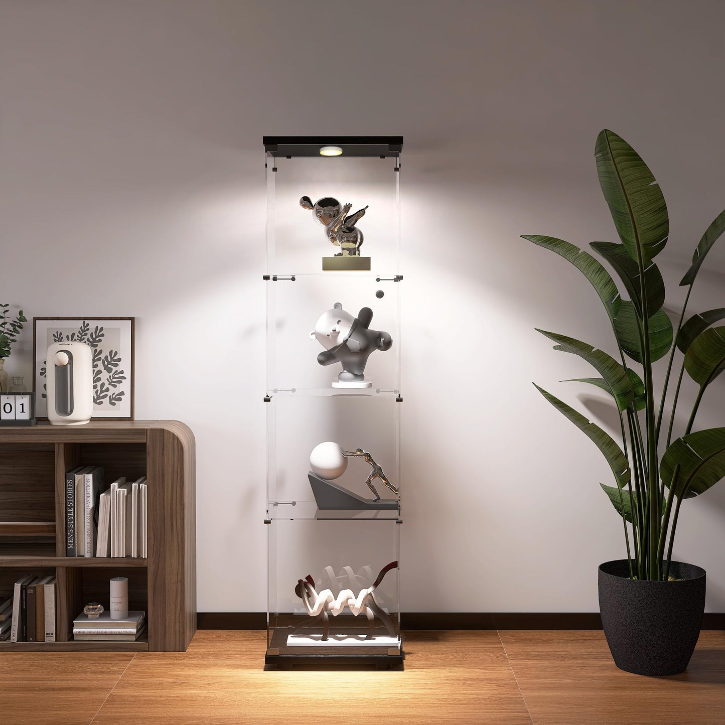 Zacis Glass Display Cabinet with Lights and Lock, 4-Tier Display Case Curio Cabinet with Glass Door, Floor Standing Showcase for Living Room Bedroom Home Office 16.7" W x 14.3" D x 64.5" H