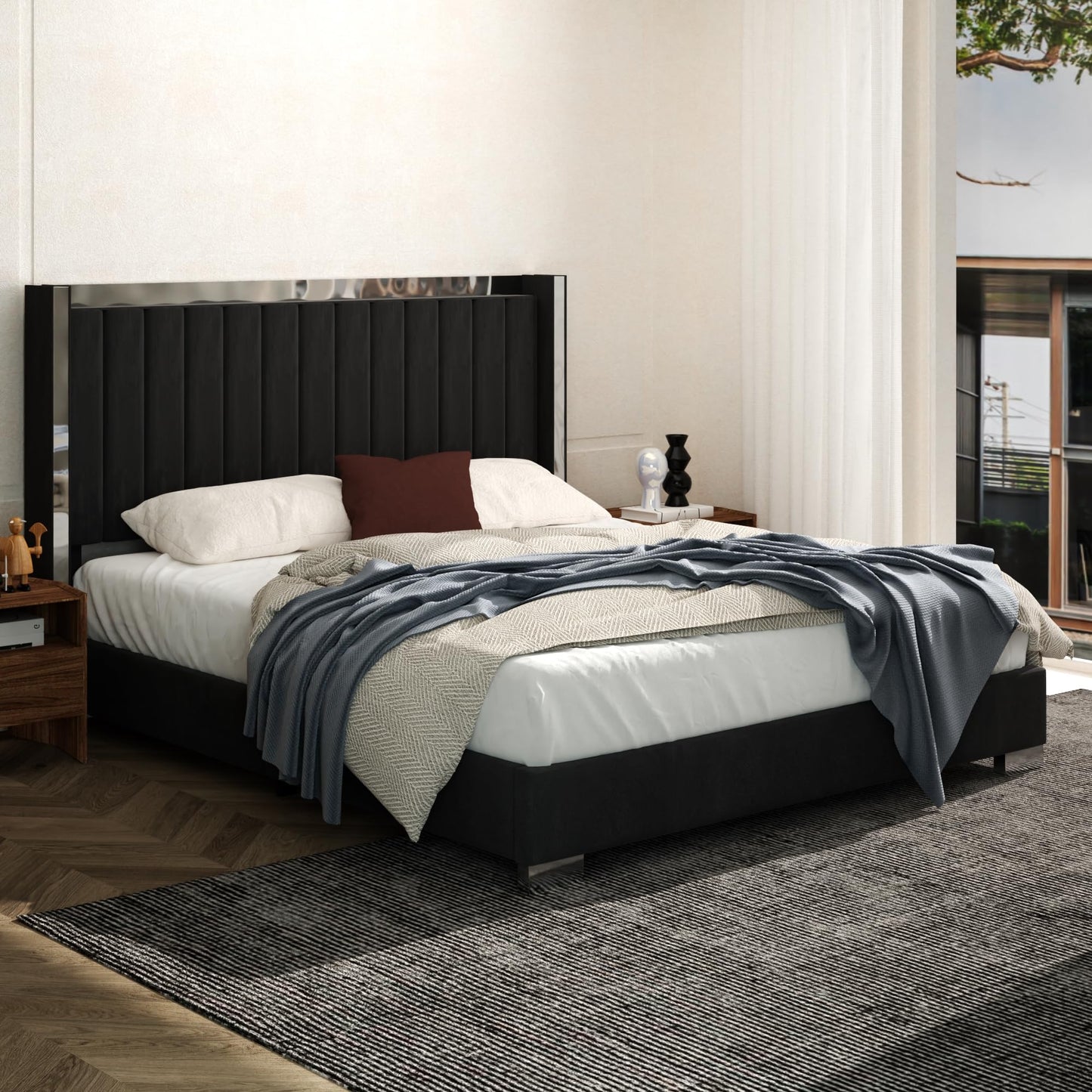 Konprosp Queen Size Bed Frame Velvet Upholstered Platform Bed with 58" Tall Headboard, Channel Tufted Wingback and Plating Trim, Solid Wooden Slats Support, No Box Spring Needed, Black