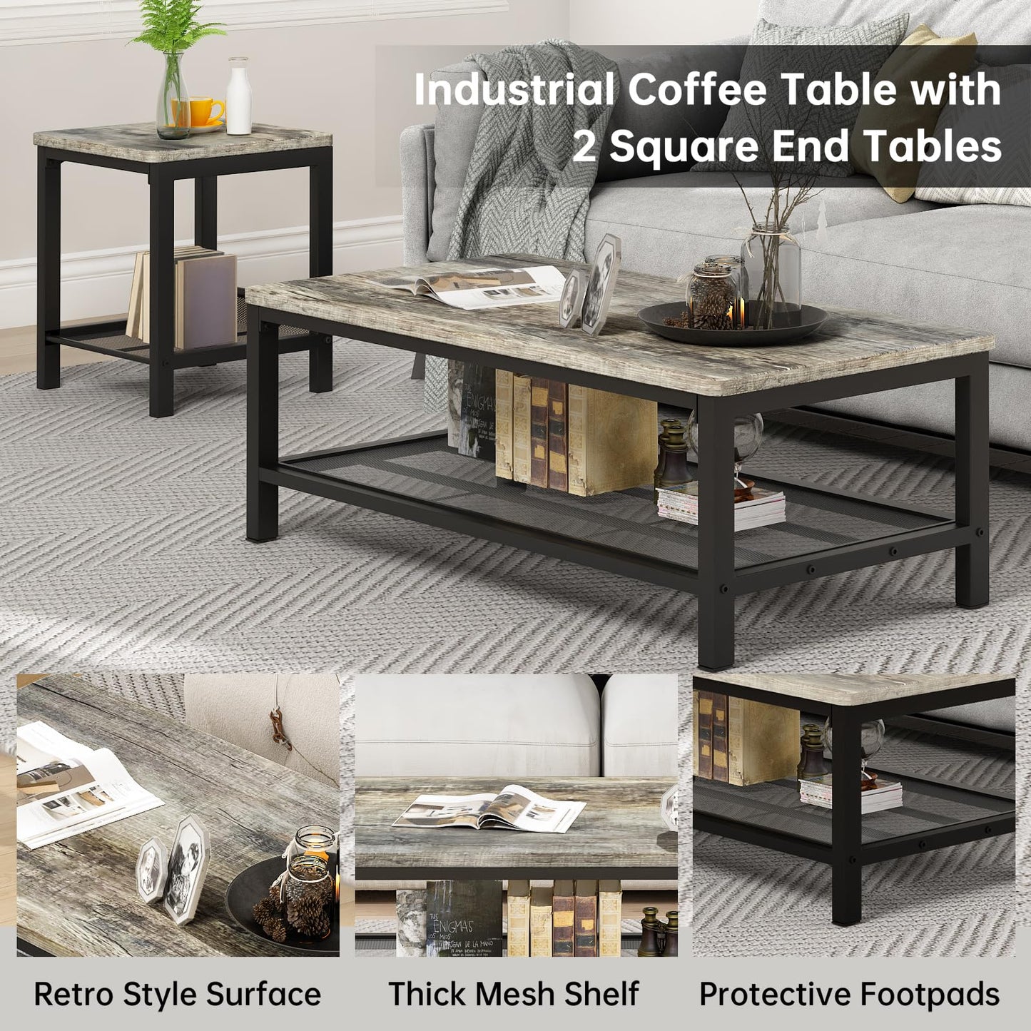 Lamerge 3 Pieces Living Room Table Set, Industrial Coffee Table with 2 Square End Side Tables, Coffee Table Set with Metal Frame for Apartment Home Office (Grey)