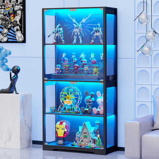 BROTTAR Display Cabinet with Glass Doors, 4-Tier Curio Cabinet with 3 Color Lights for Collectibles, Glass Display Case with Human Body Sensor, Bookcase with 4 Shelves, Storage Cabinets, Black