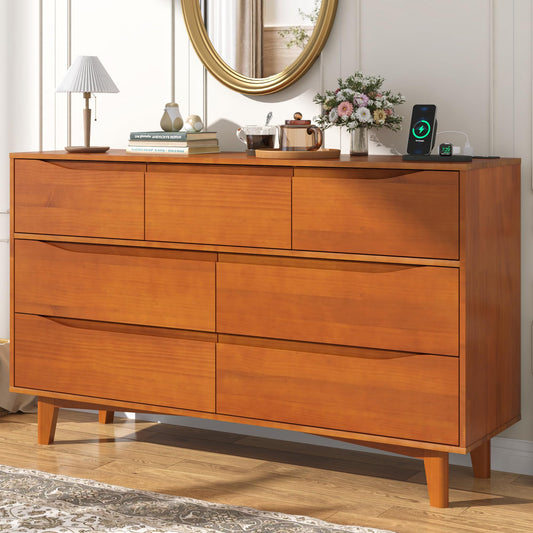 55” W Solid Wood Dresser 7 Drawer for Bedroom Storage,Power Outlet,Wide Mid Century Modern Vintage Wooden Chest of Drawers,Wooden Legs, Large Tall TV Stand for Living Room,Hallway,Caramel