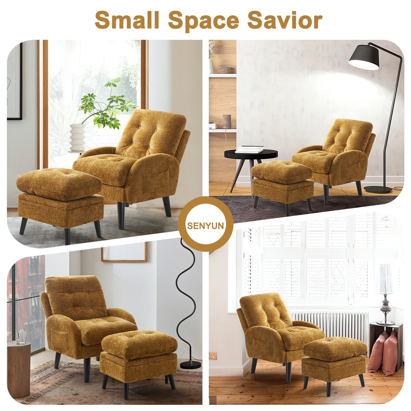 SENYUN Accent Chair with Ottoman Adjustable Backrest,Tufted Living Room Chair Upholstered Lounge Chair with Footrest Set, Modern Chair Cozy Reclining Chair for Reading Room (Chenille - Yellow)