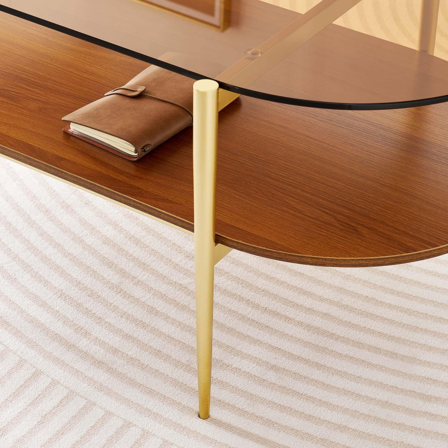 LumFurn Oval Glass Coffee Table, Mid-Century Modern Design, L41 x W21 x H17 inch, for Living Room, 2-Tier Structure, Amber Glass Top and Walnut Finish Wood Shelf, Conical Legs with Gold Finish Frame