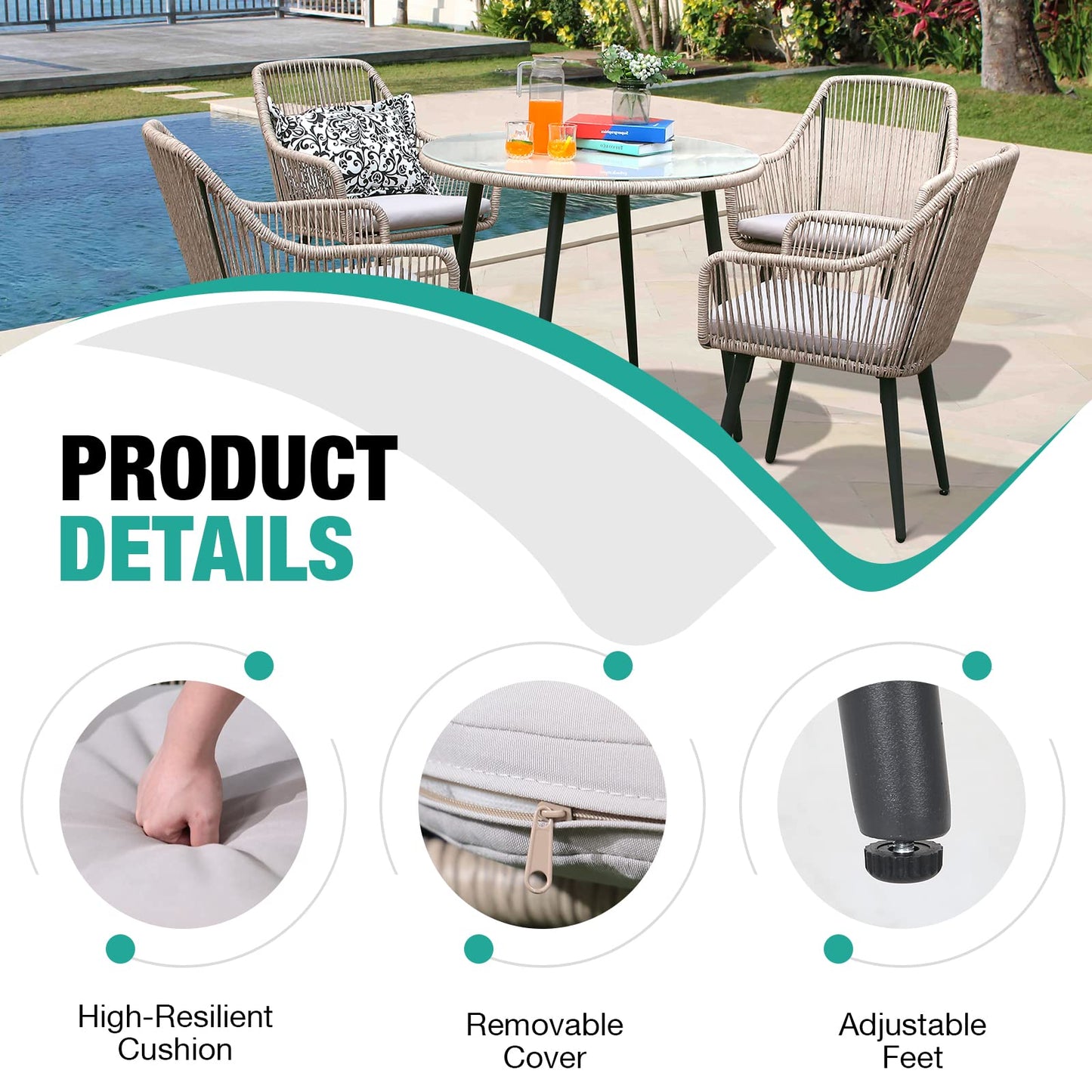 Patiorama 5-Piece Patio Dining Set, Outdoor Dining Table Chair Set, All-Weather Twisted Rattan Wicker Rope Conversation Set, Patio Furniture Set w/Umbrella Hole, 4 Cushioned Chairs&Glass Table(Tan)