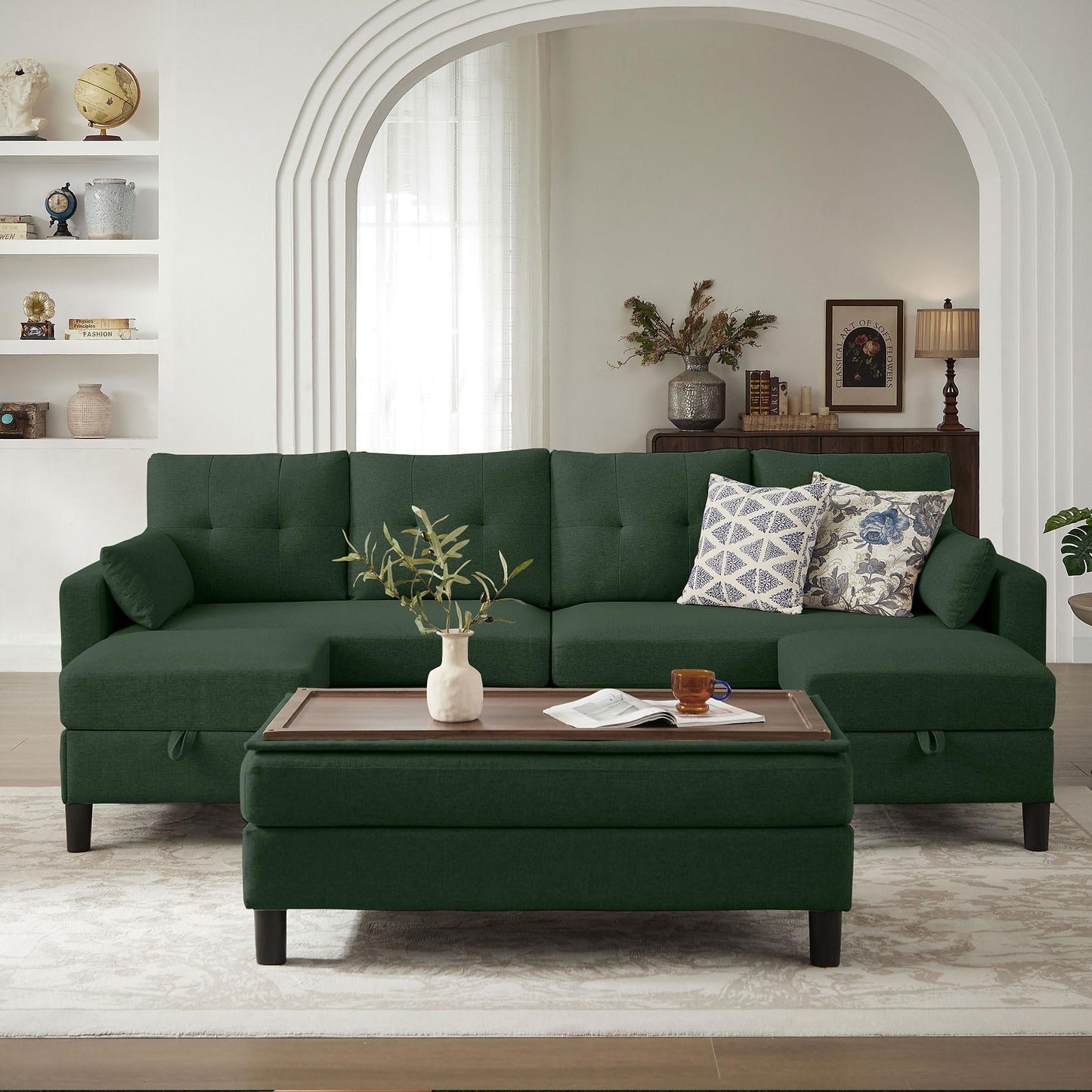 Pingliang Home 101" Convertible Sectional Sofa with Ottoman Coffee Table, Modern Linen Fabric U-Shaped Couch with Storage Pocket, 4 Seat Sofa Couches for Living Room, Apartment, Office, Green