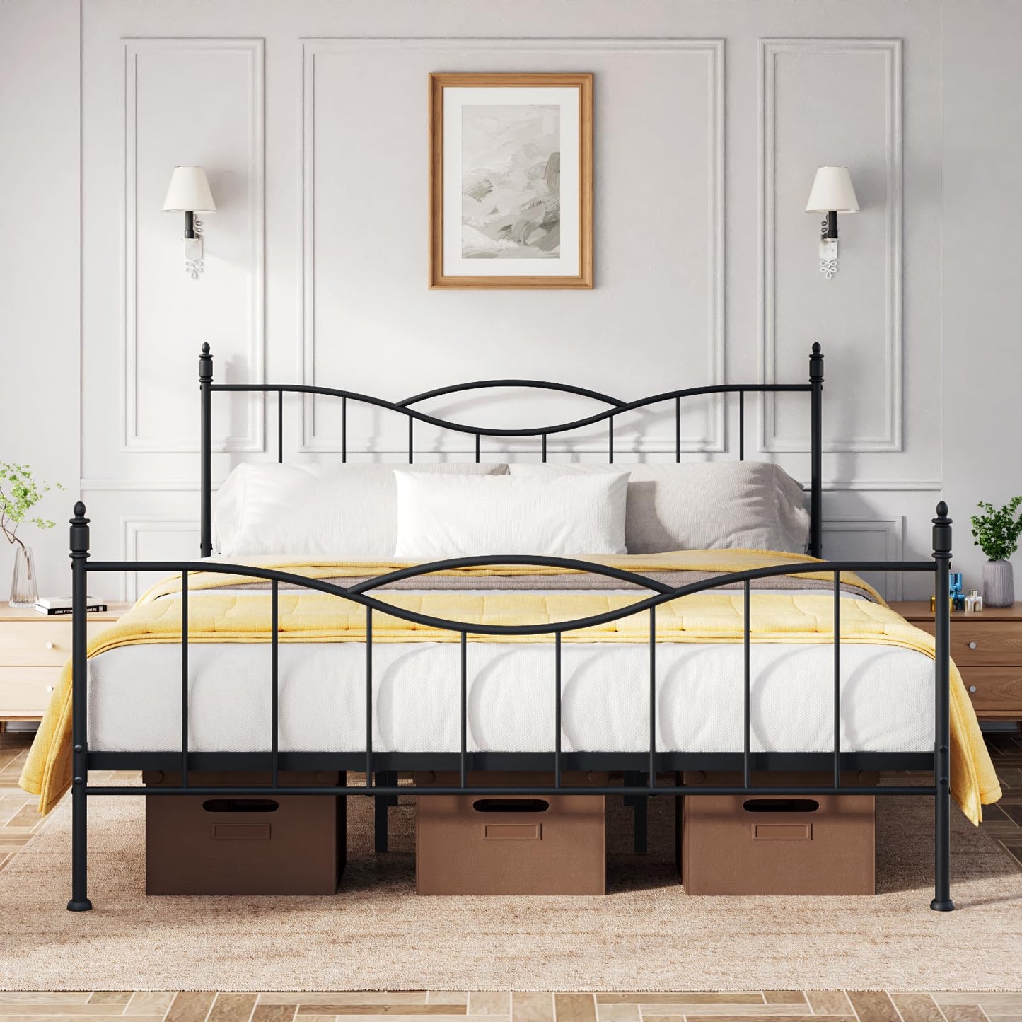 Florise King Size Bed Frame with Headboard,Metal Platform Bed Frame Mattress Foundation with Footboard, Under Bed Storage, Strong Metal Slats Support, No Box Spring Needed, Black