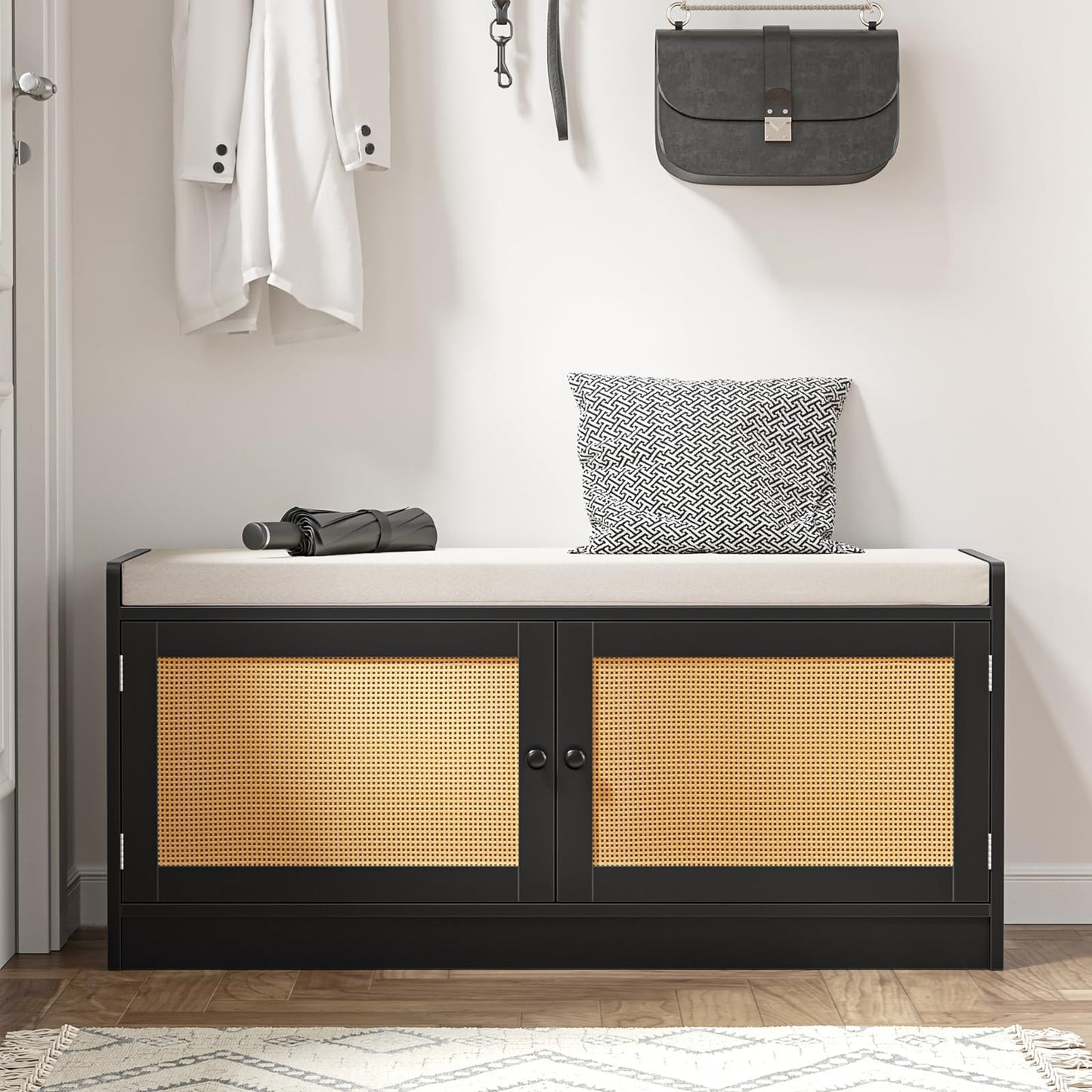 Skokliz Entryway Shoe Bench with Storage, 2 Doors 2-Tier Rattan Shoe Cabinet with Padded Cushion & Adjustable Shelves, Boho Shoe Organizer Storage Bench for Hallway, Bedroom, Entrance