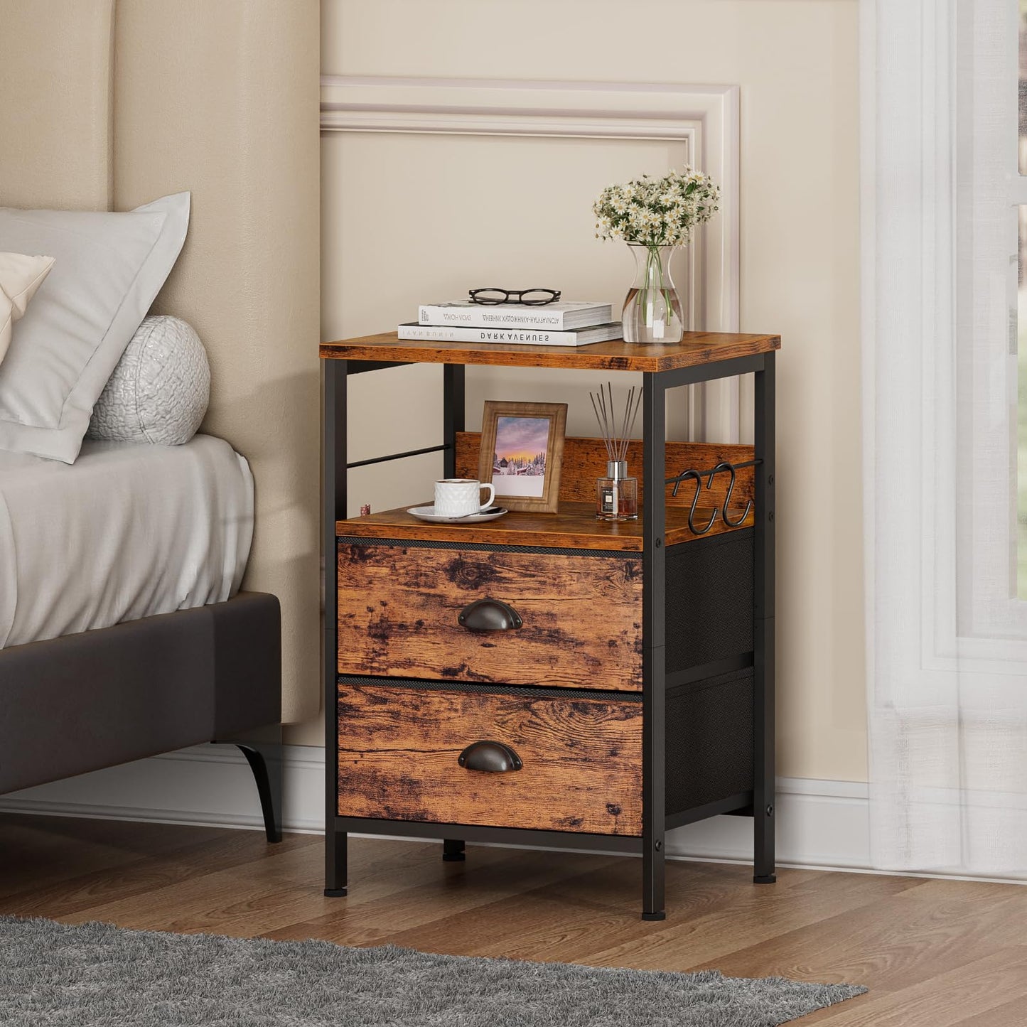 Furologee Nightstand with 2 Fabric Drawers, End Table with Open Wood Shelf, Side Sofa Table with 2 Hooks for Bedroom/Living Room/Study/Halway/Rustic Brown