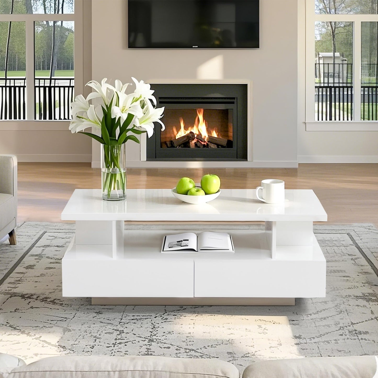 UYIHOME LED Coffee Table with Storage Modern High Gloss Coffee Table with 4 Drawers and Open Shelf Center Table for Living Room, White