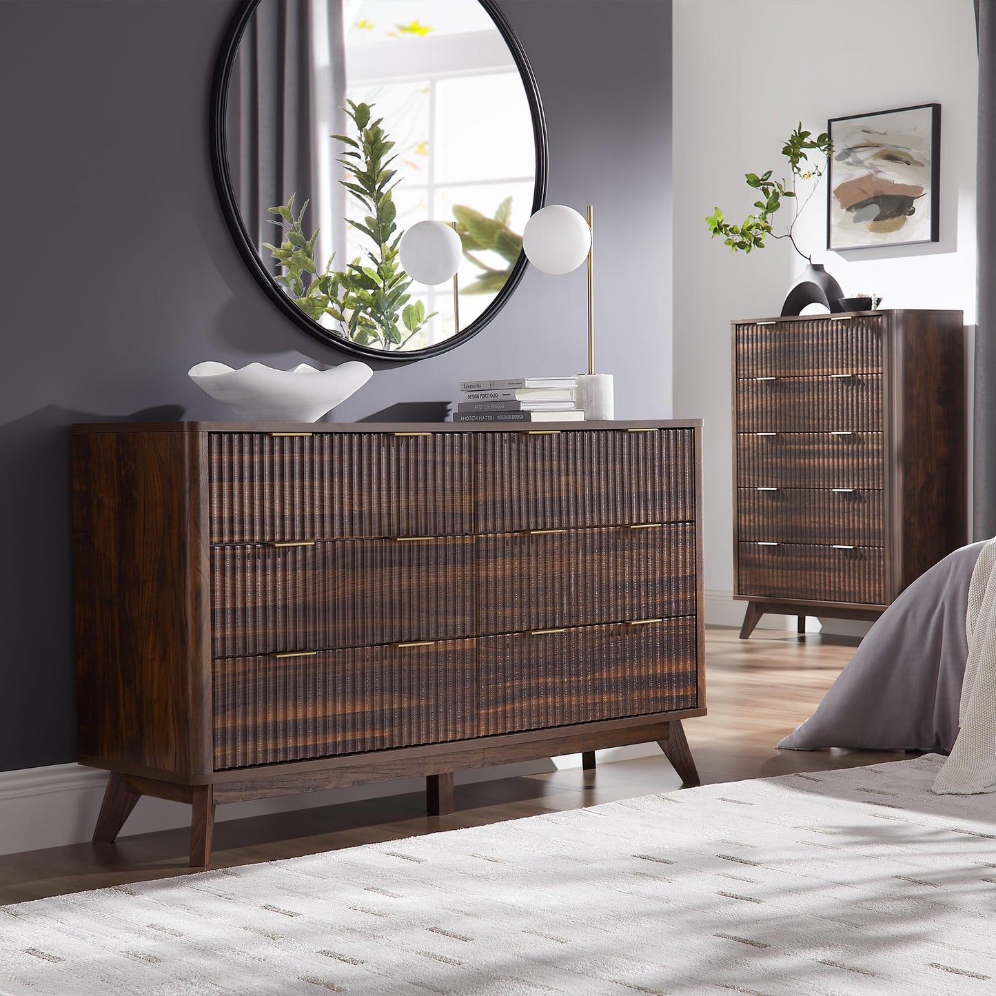T4TREAM Fluted 6 Drawers Dresser, 54" Wide Modern Chest of Drawers, Curved Profile Design, Dresser TV Stand, Wood Drawer Organizer for Bedroom, Living Room, Hallway, Dark Walnut
